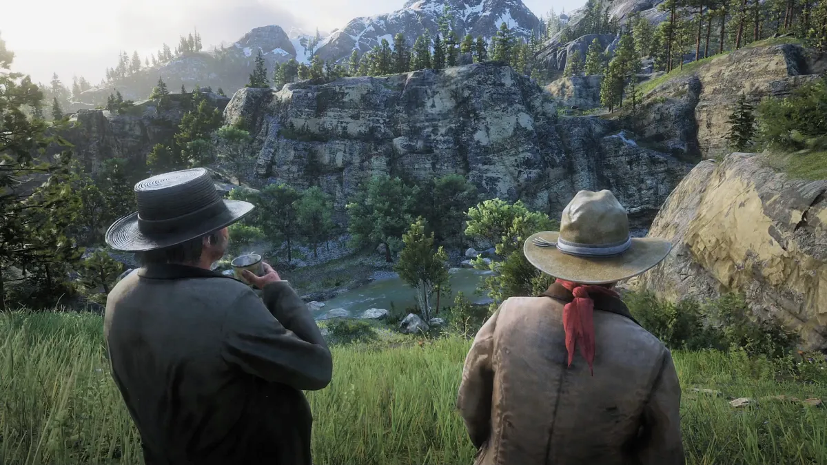 Two characters overlooking a mountain valley